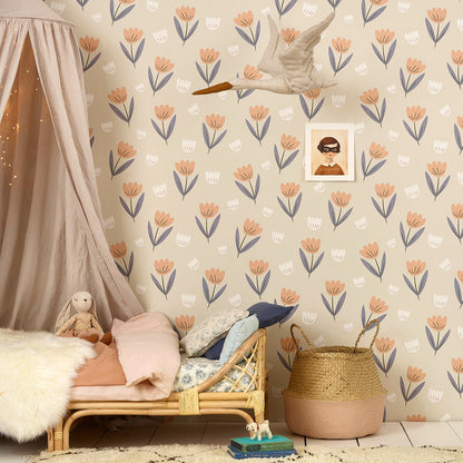 Hibou Design Fleur Wallpaper - Peach/Dusky Blue