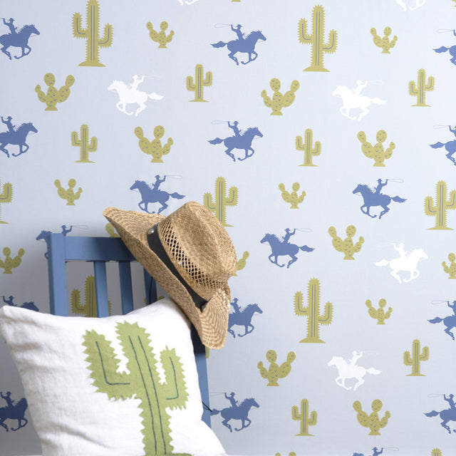 Hibou Design Cactus Cowboy Wallpaper - Grey/Blue/Green