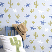 Hibou Design Cactus Cowboy Wallpaper - Grey/Blue/Green