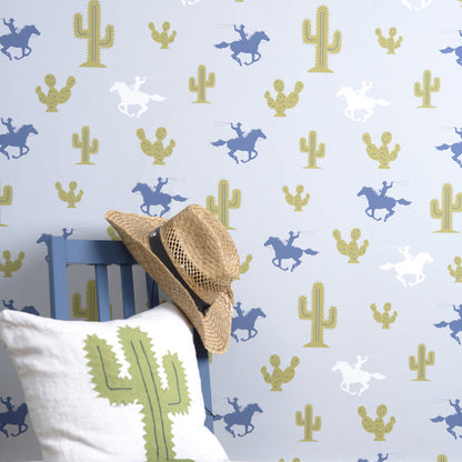 Hibou Design Cactus Cowboy Wallpaper - Grey/Blue/Green