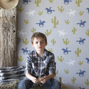 Hibou Design Cactus Cowboy Wallpaper - Grey/Blue/Green