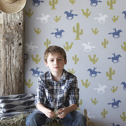 Hibou Design Cactus Cowboy Wallpaper - Grey/Blue/Green