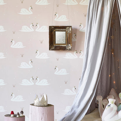 Hibou Design Swans Wallpaper - Pale Rose