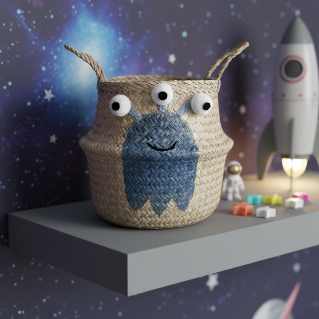 Woven basket with an alien with  googly eyes and a blue face on a shelf with space-themed decorations.