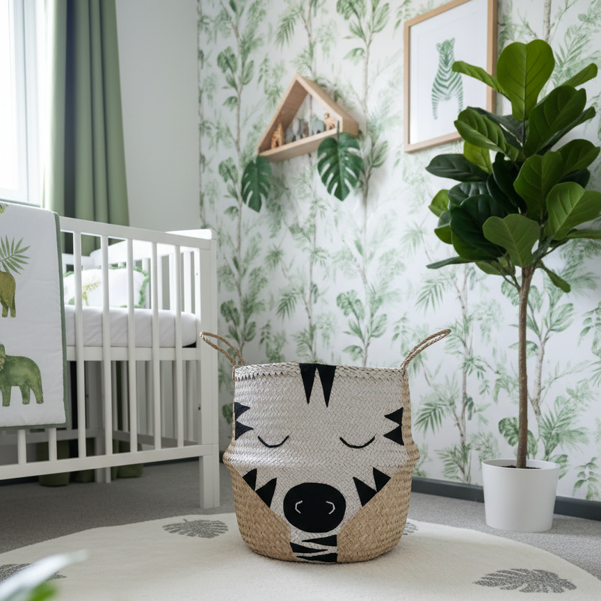 Nursery room with a woven zebra basket, crib, and decorative elements.