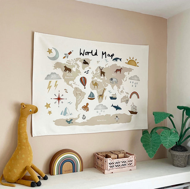 Kid Of The Village Large World Map Wall Hanging - Beige