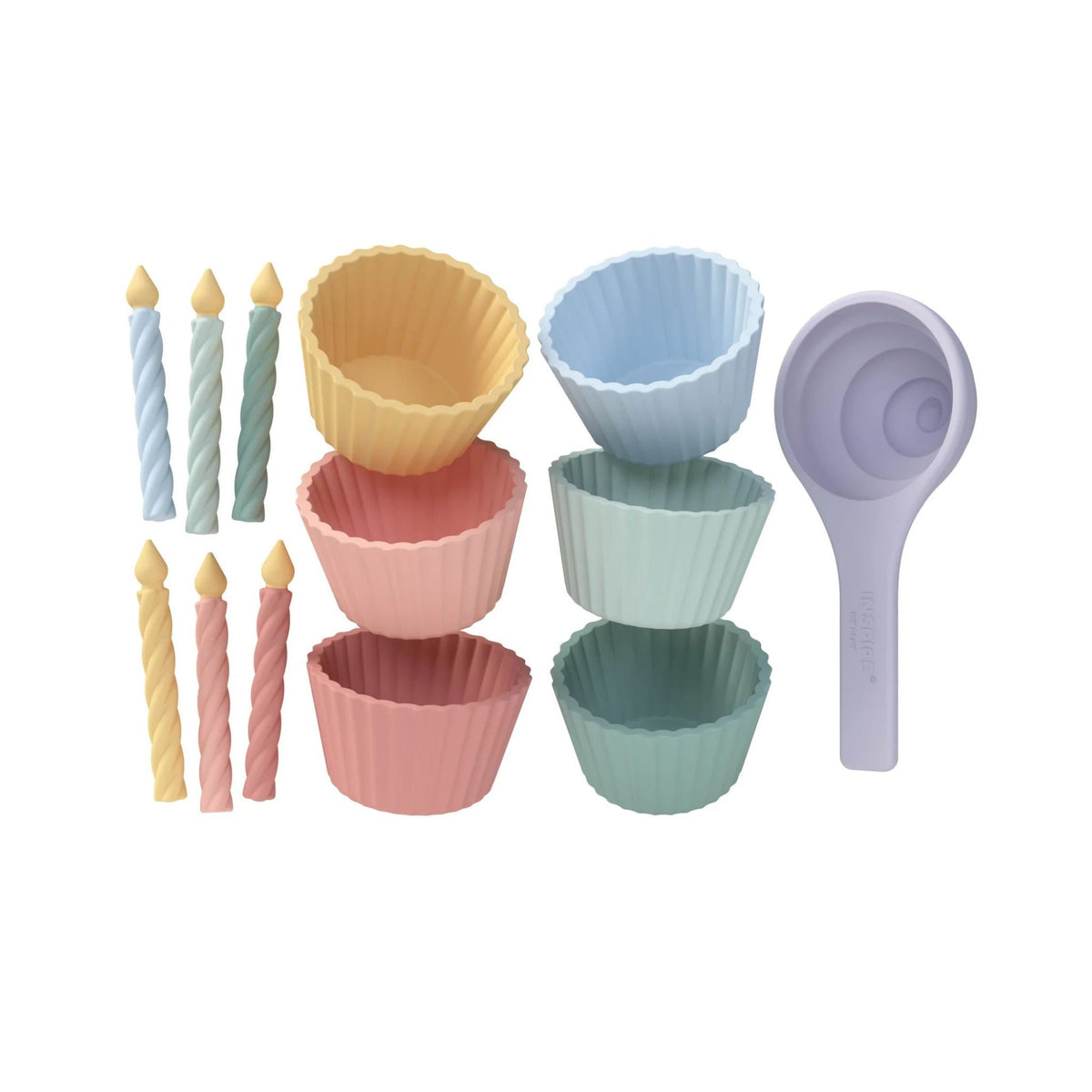A set of pastel-colored silicone sensory cake shaped toys on a solid white background. The set includes six cupcake liners in yellow, blue, pink, and mint green, four twisted candle-shaped toppers in pastel blue, pink, and yellow, and a lavender-colored scoop.