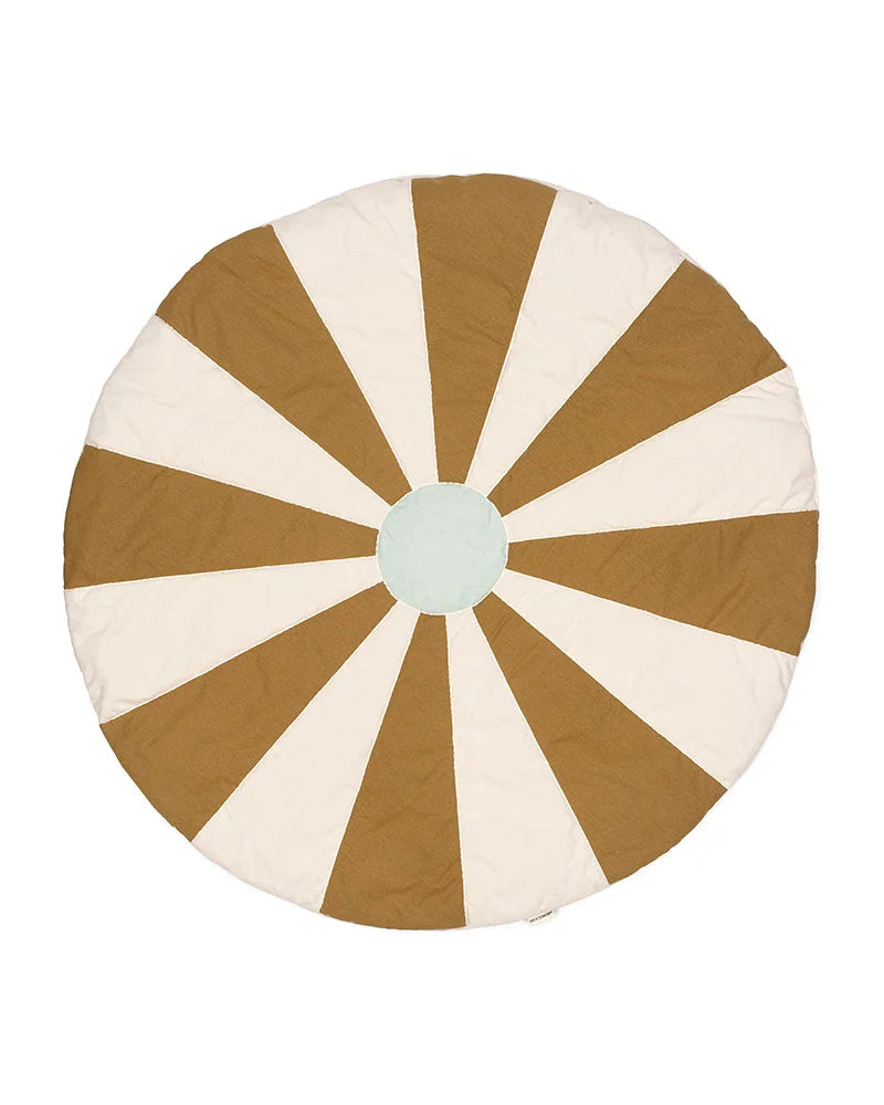A round, quilted floor cushion with alternating brown and cream radial stripes and a light sage green center, shown on a plain white background.
