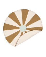 A circular baby play mat with alternating brown and cream radial stripes and a pale mint green center, shown on a plain white background.