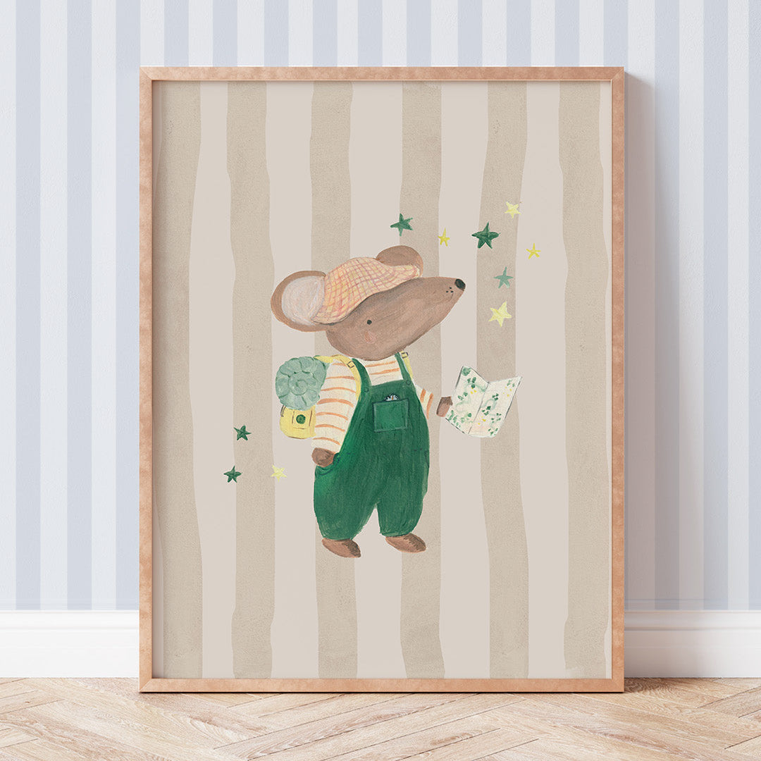 Framed illustration of a mouse in overalls wearing a backpack and holding  a map against a striped background.
