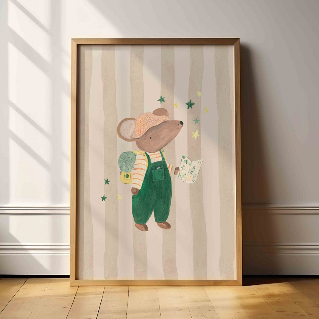 Framed children's illustration of an exlporer mouse holding holding a map and wearing a backpack on a striped background.