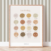 Framed poster with emotional expression faces on a striped wall.