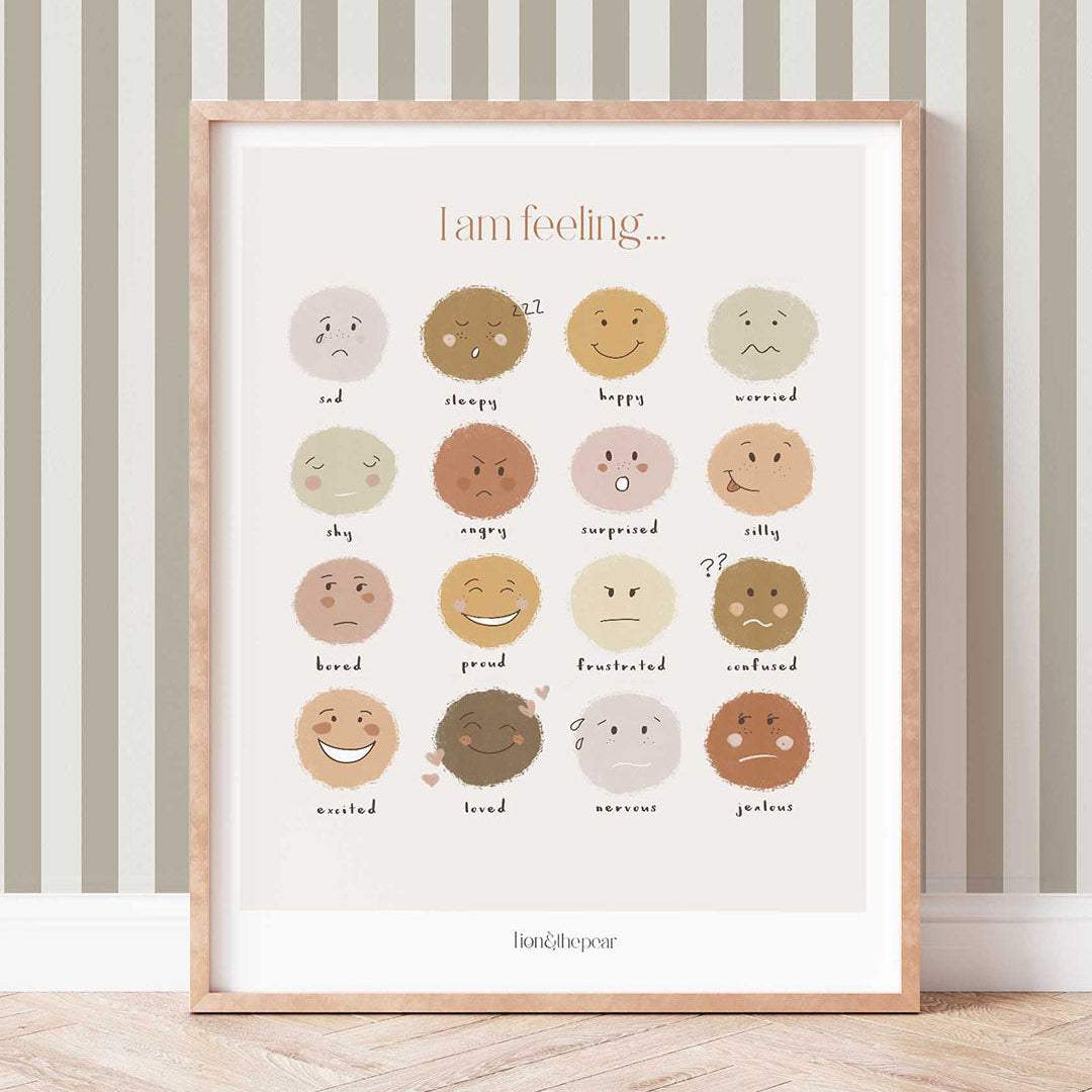 Framed poster with emotional expression faces on a striped wall.