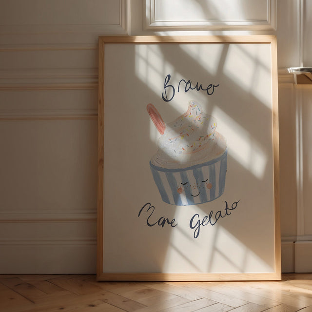 Framed artwork of an ice cream tub with the text 'Bravo more gelato'