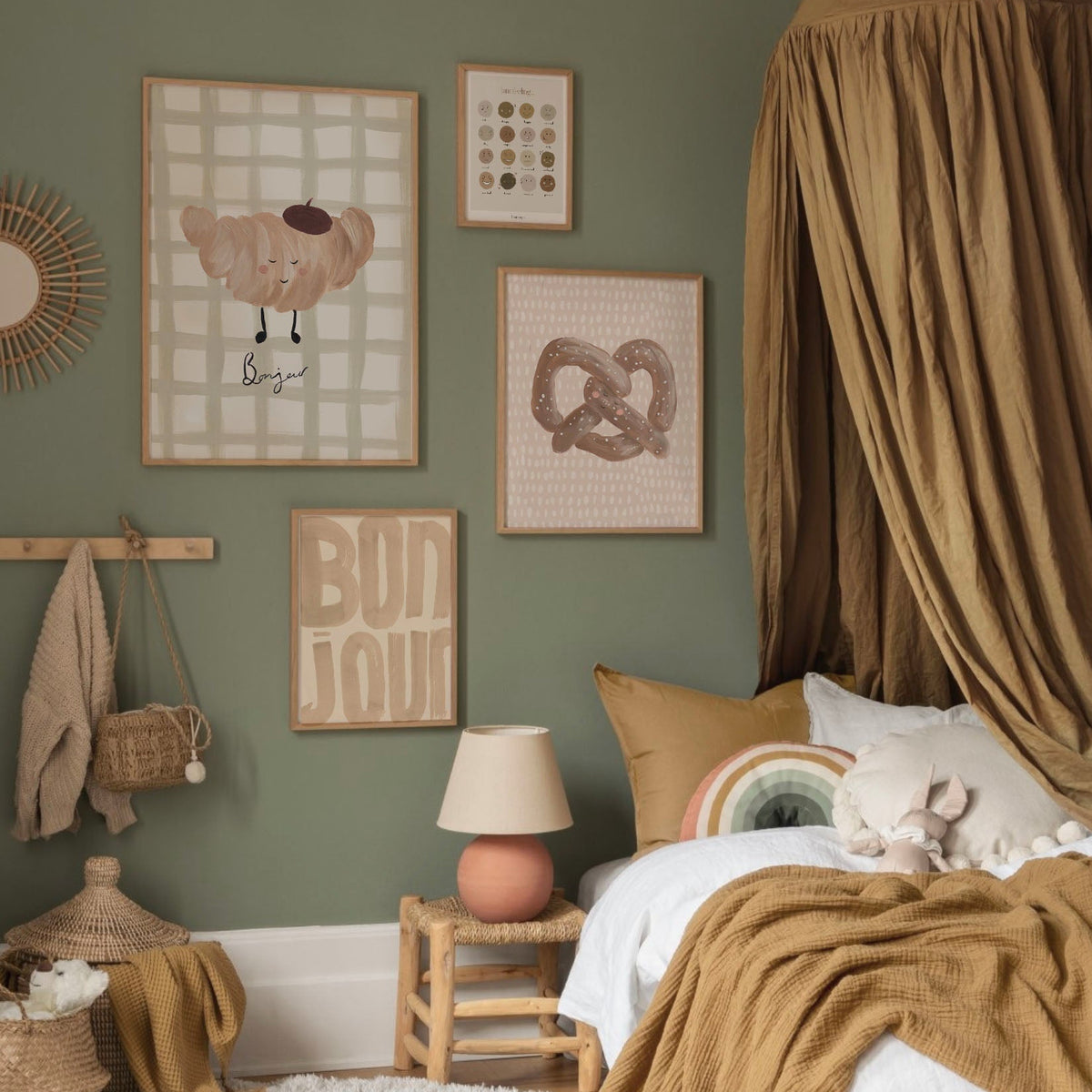 Cosy bedroom with green walls, framed artwork, and a bed with brown bedding.