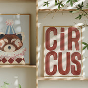 Framed artwork of a bear and 'Circus' text on a wall with plants.