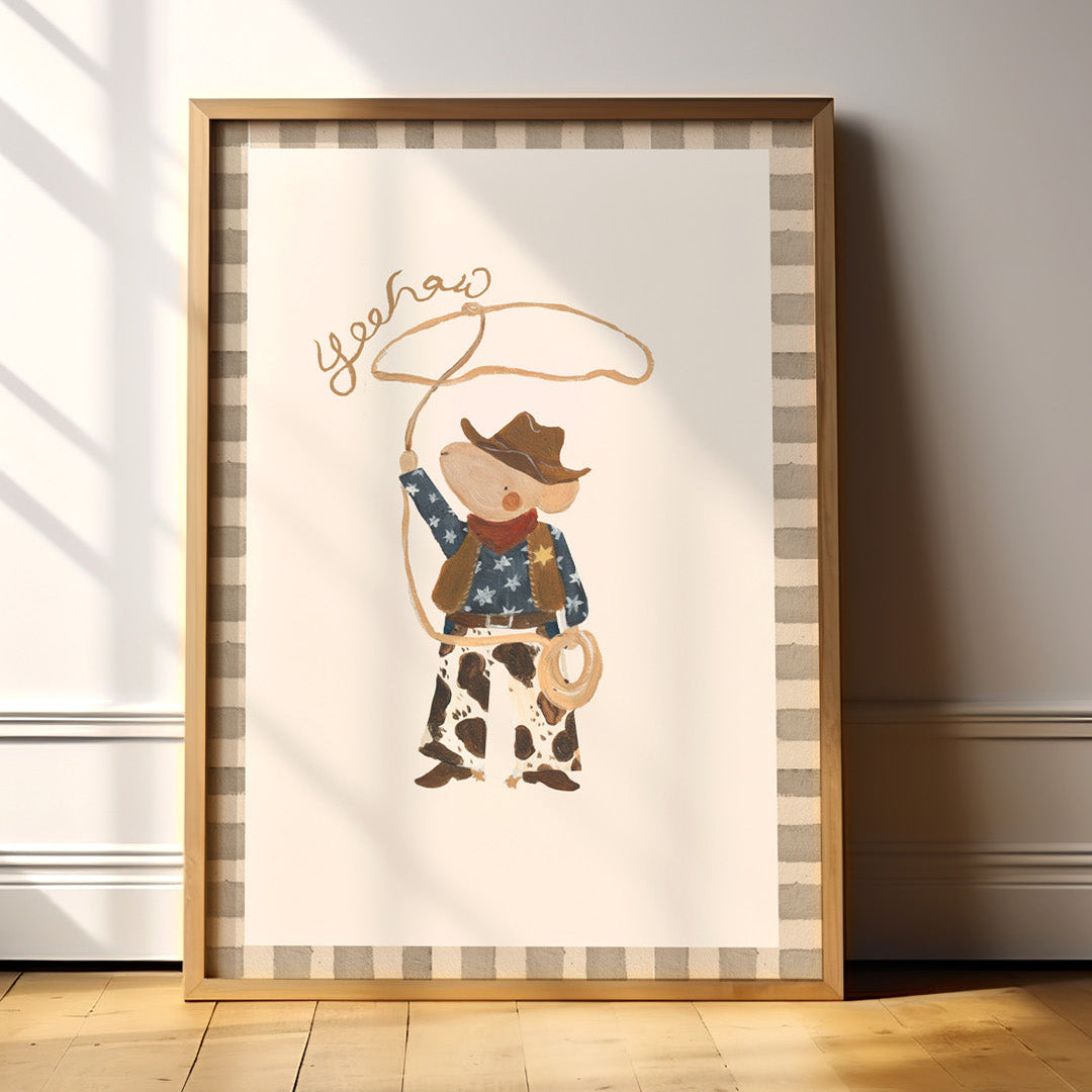 Framed artwork of a mouse cowboy holding a lasso on a striped background