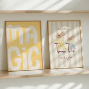 Two framed pictures on a shelf with sunlight casting shadows