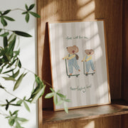 Framed illustration of two mice on scooters with text 'This will be an everlasting love', placed on a wooden shelf.
