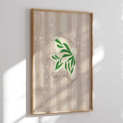 Framed artwork with green dove design and text  'I adore you oooo I adore you' on a striped background