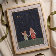 Framed artwork of two mice holding hands under a starry sky, with the phrase 'I need you more than anyone else darling' on repeat around the border.