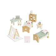 Le Toy Van wooden dolls house children's bedroom furniture set featuring two beds, a desk with a laptop and stool, a shelf unit with a lamp, a bedside table with an alarm clock, a fabric teepee, and a miniature dolls house accessory.
