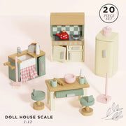 A 20-piece Le Toy Van Dolls House Kitchen Furniture set, featuring a vintage stove, sink unit with gingham curtain, pale yellow fridge, dining table, two mint green stools, and various miniature cooking accessories, all made from sustainable wood in a 1:12 scale.