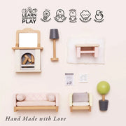 Le Toy Van wooden dolls house living room set featuring a fireplace