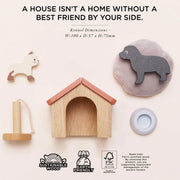 Le Toy Van Dolls House Pet Set featuring a dog and cat with wooden kennel, scratching post, pet bed, and bowl, crafted from sustainable wood and decorated with non-toxic paints. 