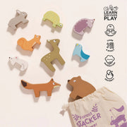 Le Toy Van Woodland Stacking Animals set with a fox, rabbit, hedgehog, bear, mouse, tortoise, squirrel, deer and bird. 
