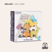 Le Toy Van Woodland Stacking Animals, an 18+ months forest stacker and bag set featuring a fox, rabbit, hedgehog, bear, mouse, tortoise, squirrel, deer, and bird. 