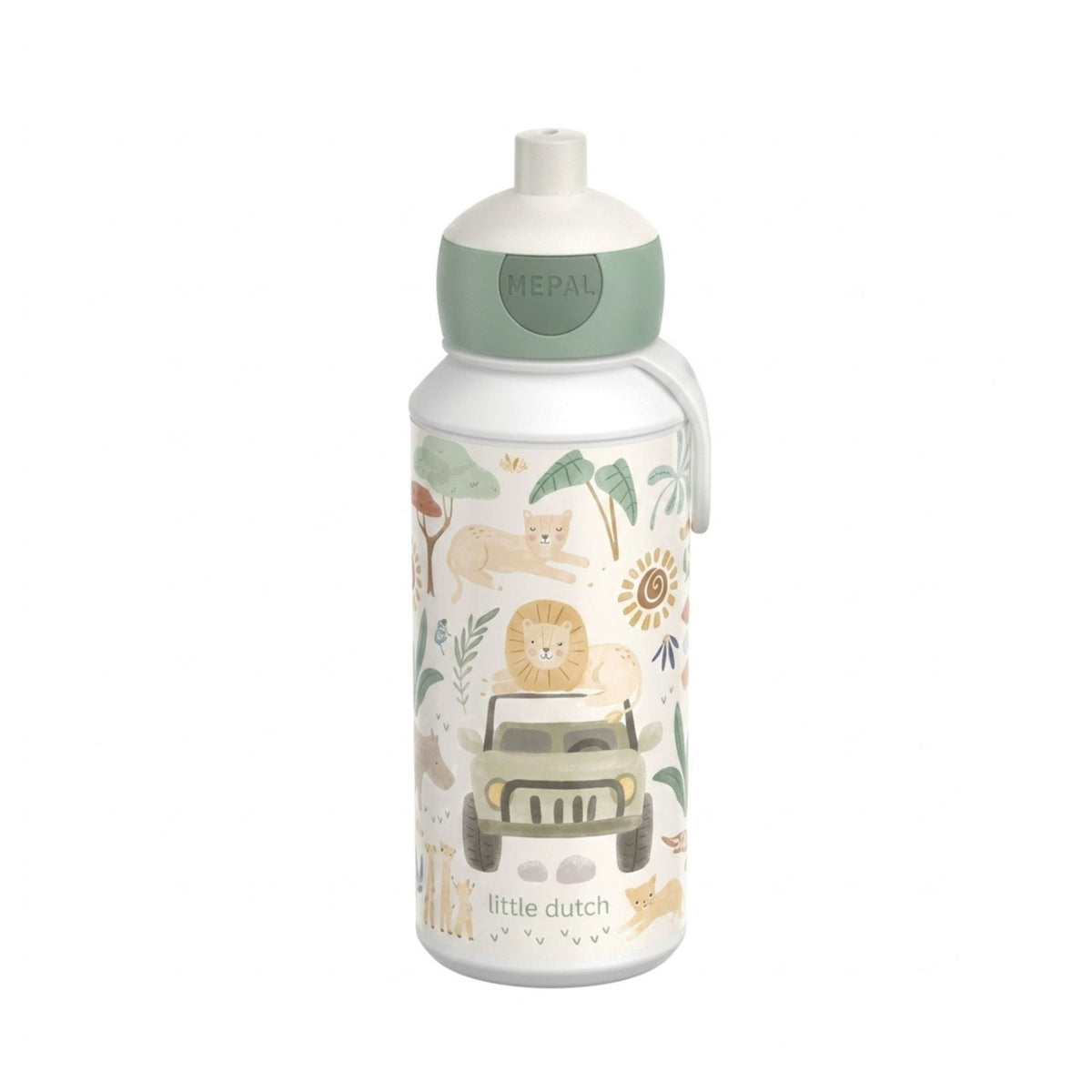 Little Dutch Safari Friends white water bottle with a light green lid and handle, decorated with safari-themed illustrations including a lion, jeep, sun, and palm trees. The brand name 'MEPAL' is embossed on the green collar, and 'little dutch' is printed near the bottom.
