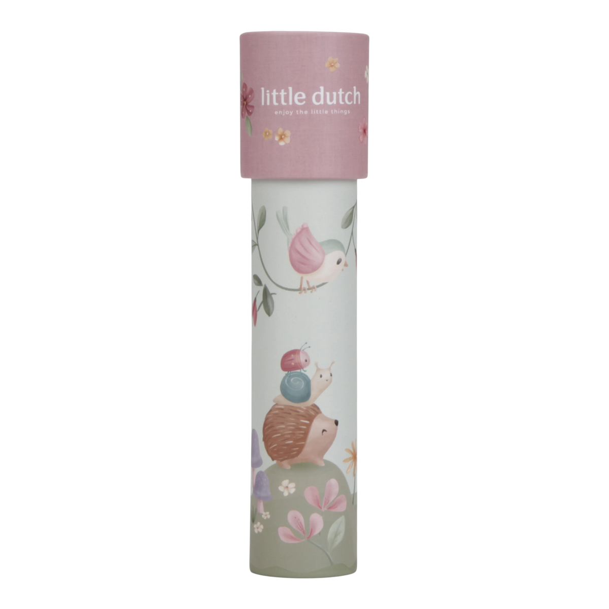 A tall cylindrical Kaleidoscope with a pink lid and a pale green body decorated with whimsical woodland illustrations, including a pink bird, hedgehog, flowers, and mushrooms. The lid reads 'little dutch baby bath accessories'.