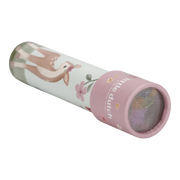 Pink cylindrical Kaleidoscope packaging with floral design on a white background