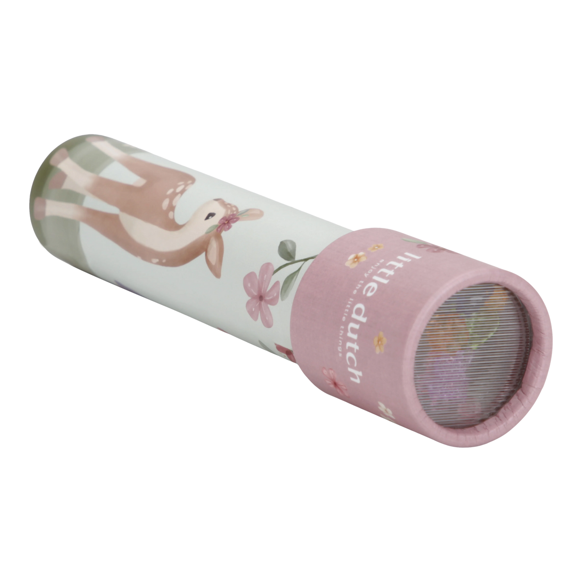Pink cylindrical Kaleidoscope packaging with floral design on a white background