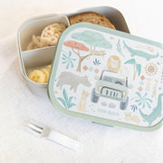 A Little Dutch children's lunch box with a decorated lid featuring safari animal illustrations and the text 'little dutch', shown next to an open compartment box with snacks.