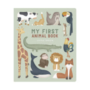 Children's book cover with illustrations of various animals on a light green background