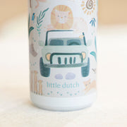 A close-up of the Little Dutch water bottle printed with a whimsical safari illustration featuring a green jeep, a lion face, small animals, and the text 'little dutch'.