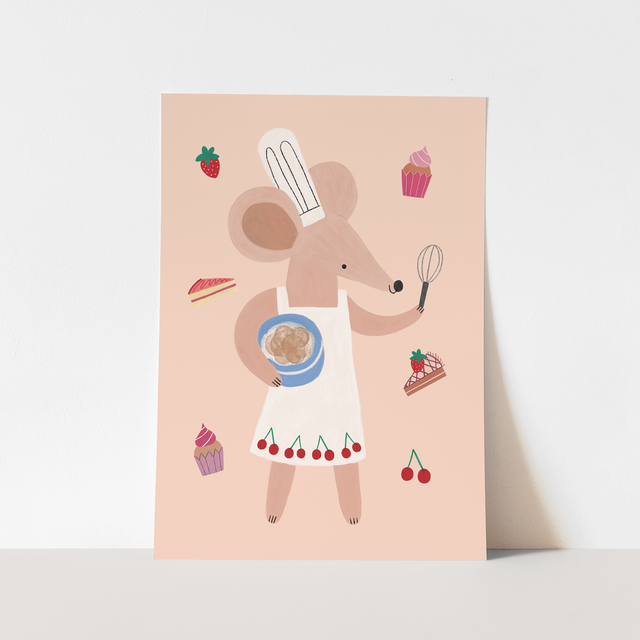 Kid of the Village Little Baker Mouse Fine Art Print - Peach