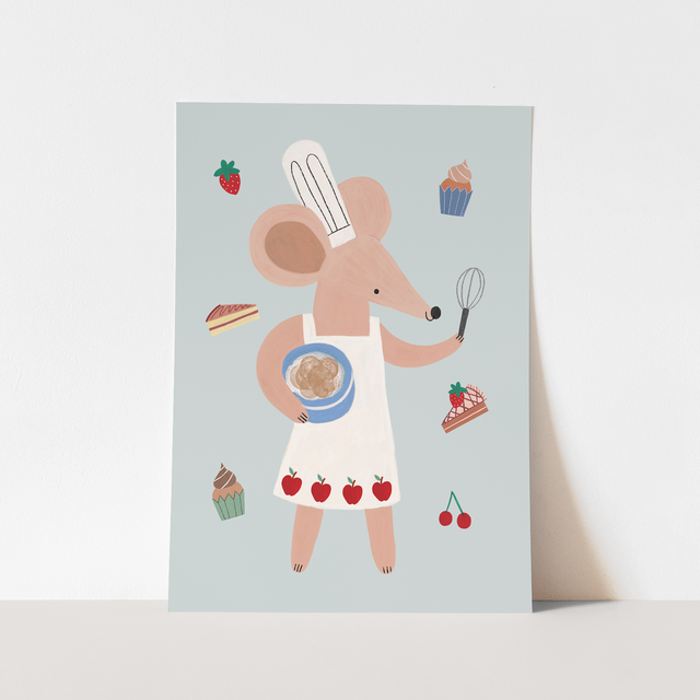 Kid of the Village Little Baker Mouse Fine Art Print - Blue