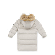 A light beige puffer coat with a hood trimmed in tan faux fur, shown from the back on a white background.
