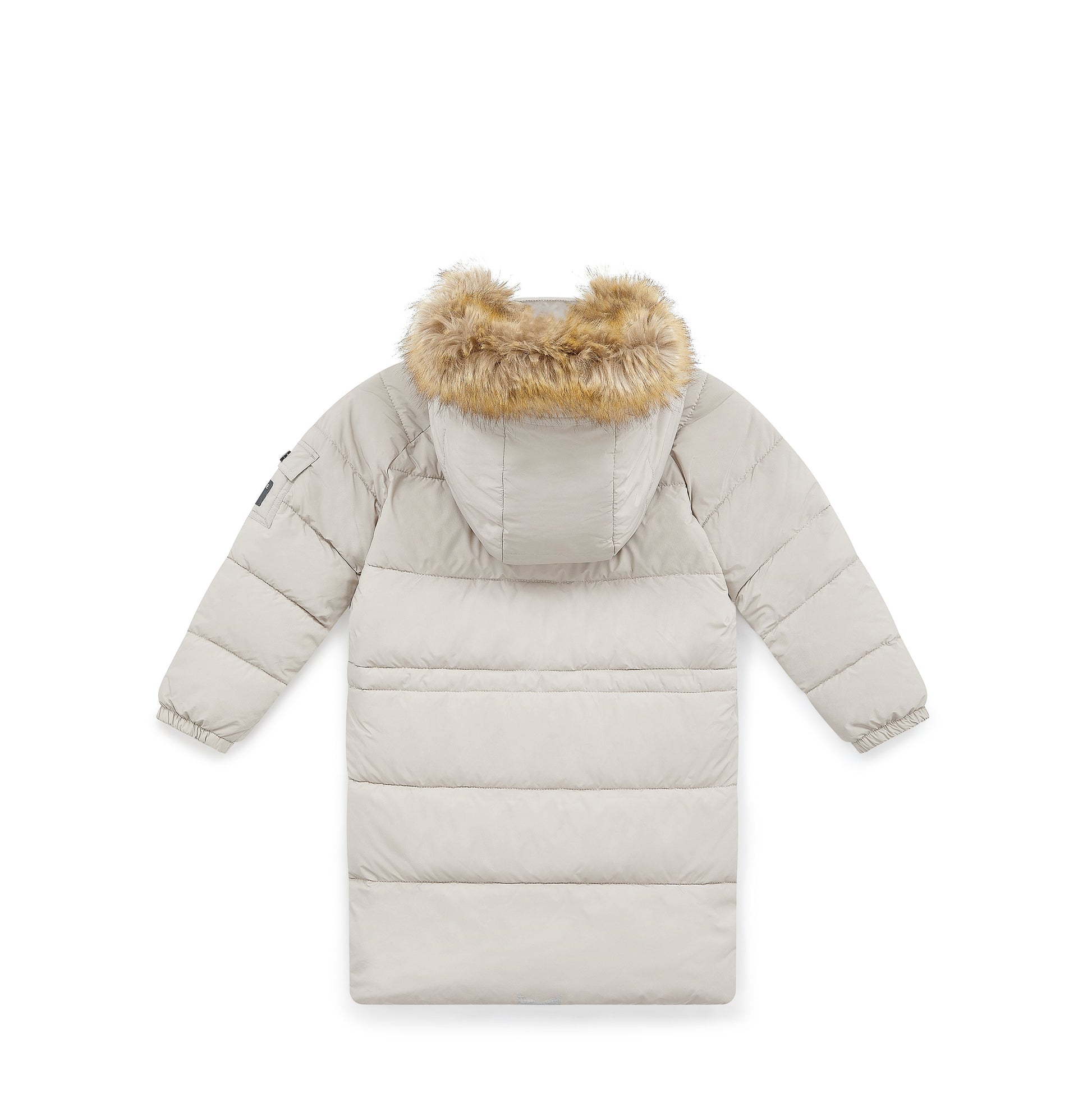 A light beige puffer coat with a hood trimmed in tan faux fur, shown from the back on a white background.