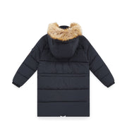 A dark navy blue puffer jacket with a hood trimmed in light brown faux fur, shown from the back against a plain white background.