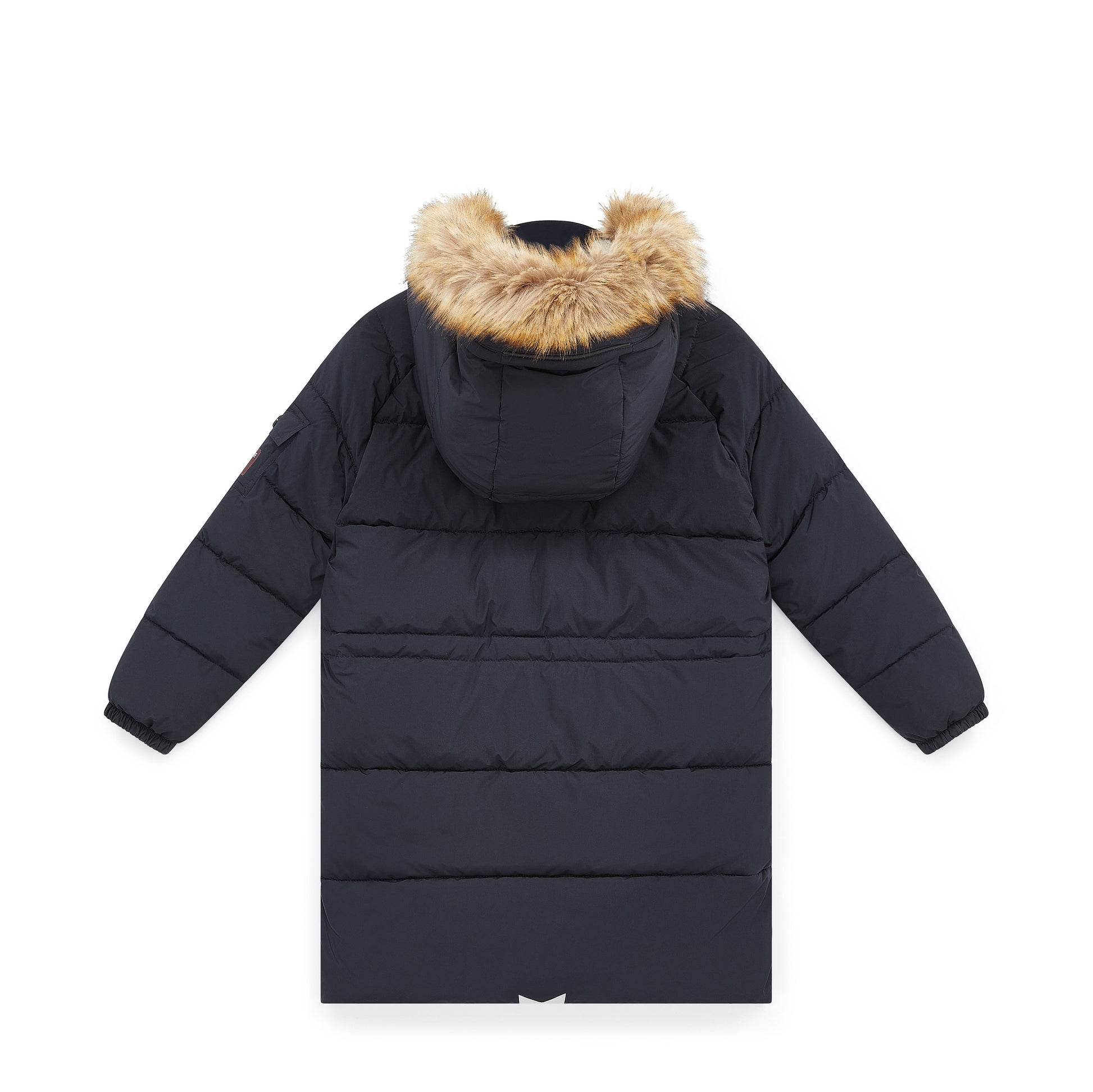 A dark navy blue puffer jacket with a hood trimmed in light brown faux fur, shown from the back against a plain white background.