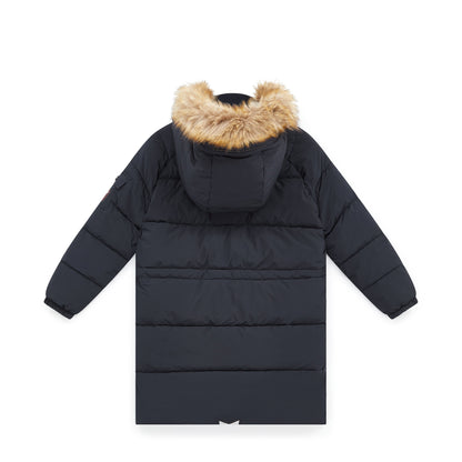 A dark navy blue puffer jacket with a hood trimmed in light brown faux fur, shown from the back against a plain white background.