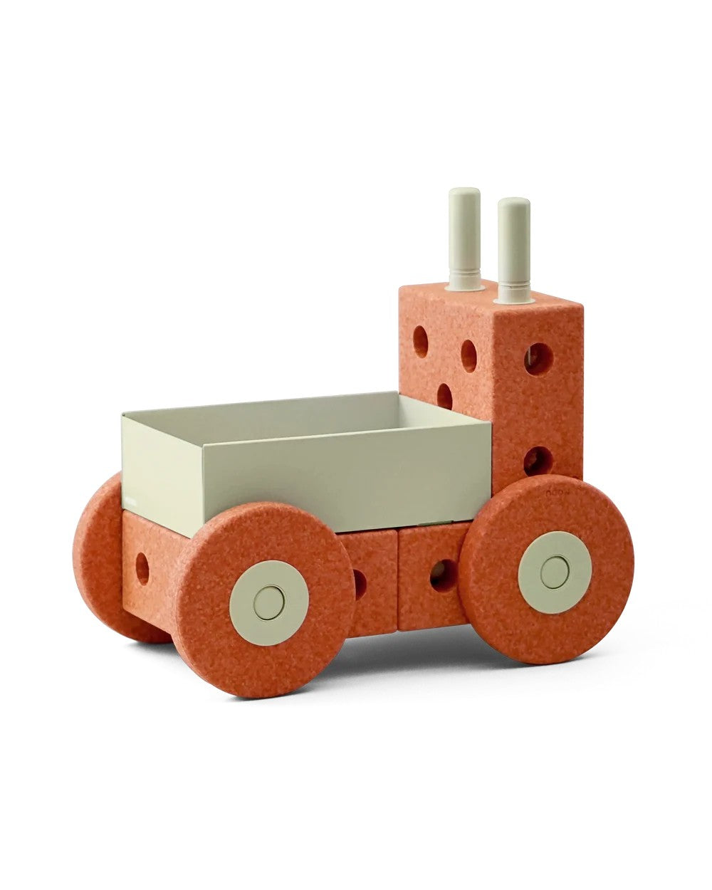 A wooden toy tractor made from natural wood, featuring a textured orange-brown body, a light beige cargo bed, and light beige wheels and smokestacks, shown on a clean white background.