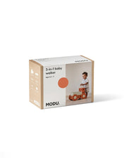 A product box for the MODU 3-in-1 baby walker, featuring a minimalist design with a white background.
