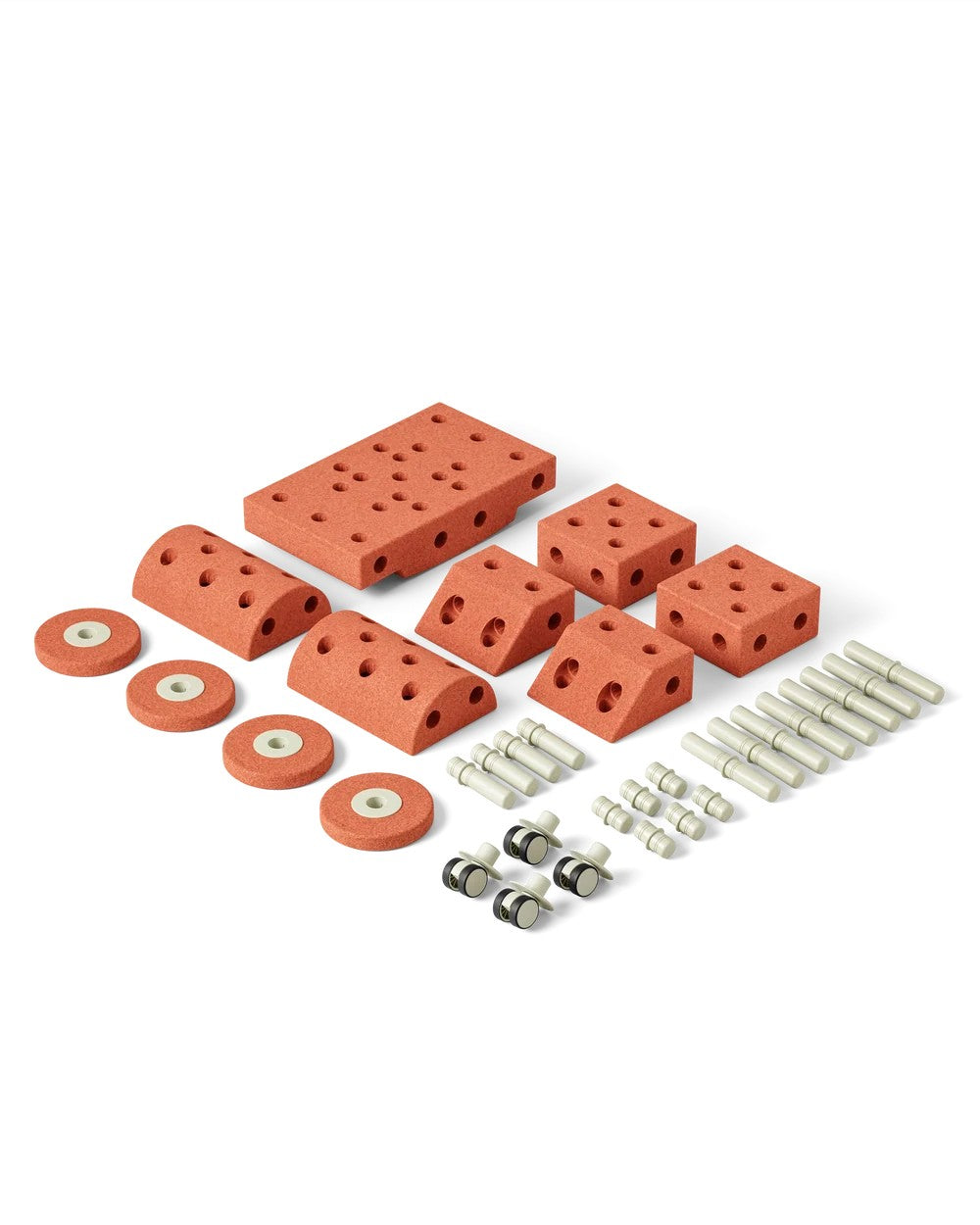 Collection of red ceramic components and metal parts on a white background
