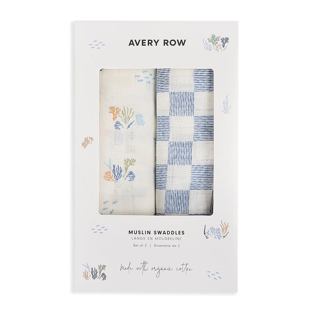 Avery Row Organic Cotton Baby Muslin Swaddles Set Of 2 - Coastline / Waves