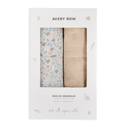 Avery Row Organic Cotton Baby Muslin Swaddles Set Of 2 - Nature Trail / Natural